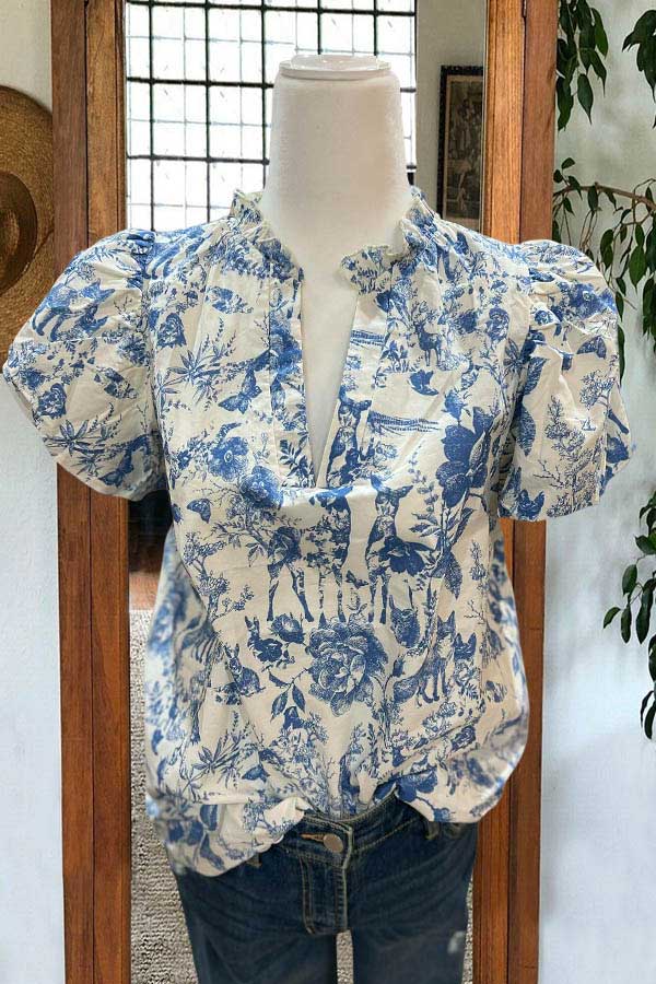 Darling Print V Neck Puff Sleeve Top