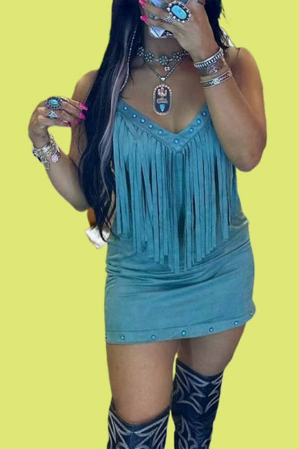 Vintage Stud Tassel V Neck Dress
