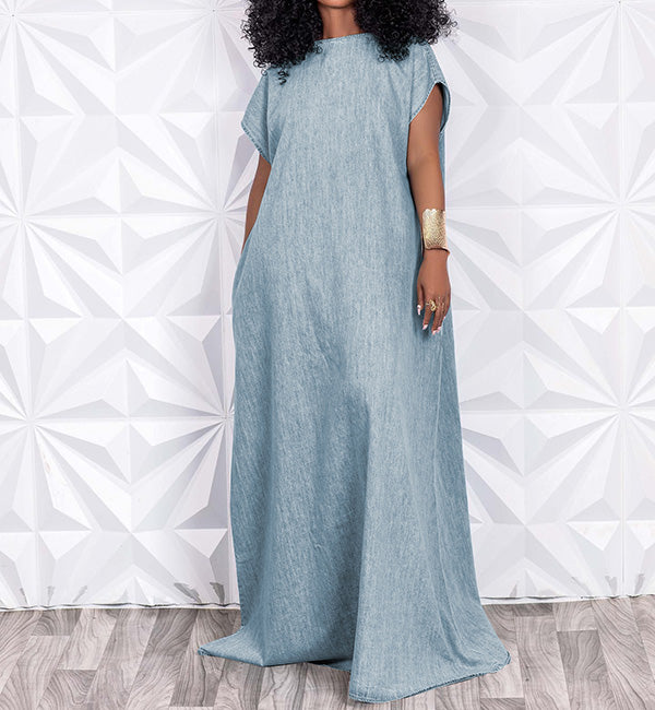 Vintage V-Cut Back Denim Maxi Dress