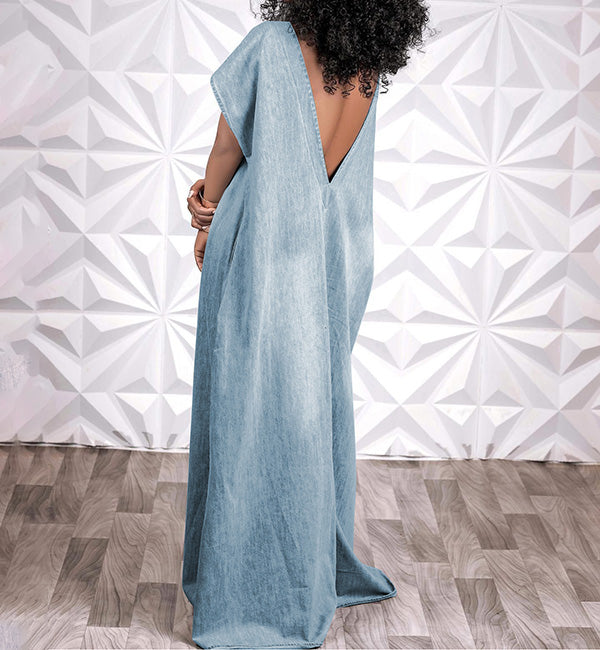Vintage V-Cut Back Denim Maxi Dress