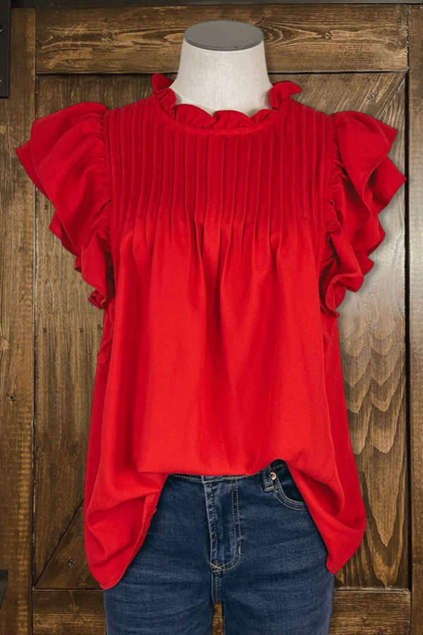 Pleated Double Ruffle Sleeve Shirt