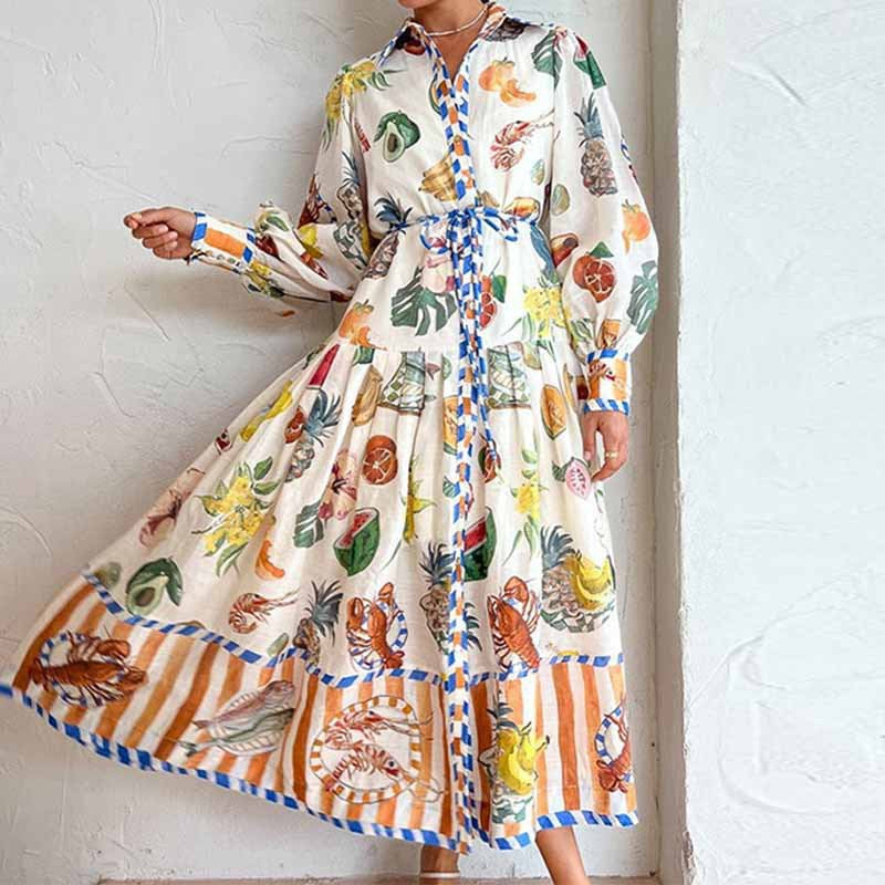 Temperament Lantern Sleeve Printed Long Lapel Waist Long Sleeve Dress
