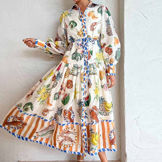 Temperament Lantern Sleeve Printed Long Lapel Waist Long Sleeve Dress