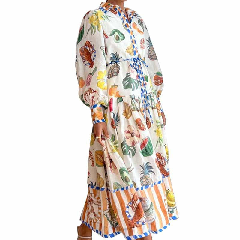 Temperament Lantern Sleeve Printed Long Lapel Waist Long Sleeve Dress