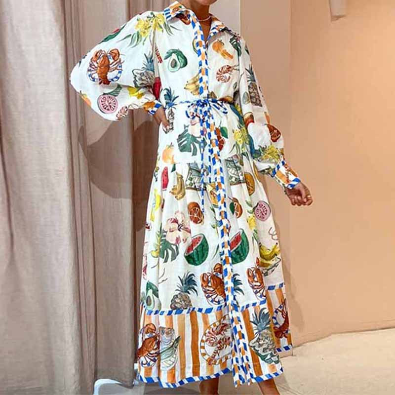 Temperament Lantern Sleeve Printed Long Lapel Waist Long Sleeve Dress