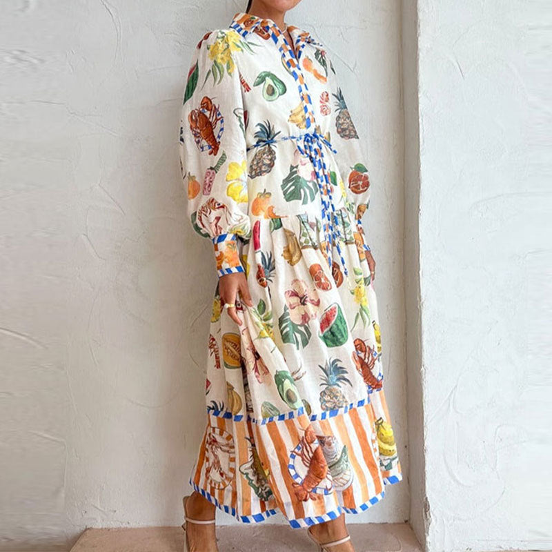 Temperament Lantern Sleeve Printed Long Lapel Waist Long Sleeve Dress