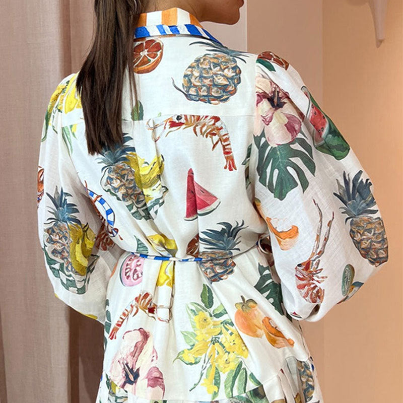 Temperament Lantern Sleeve Printed Long Lapel Waist Long Sleeve Dress