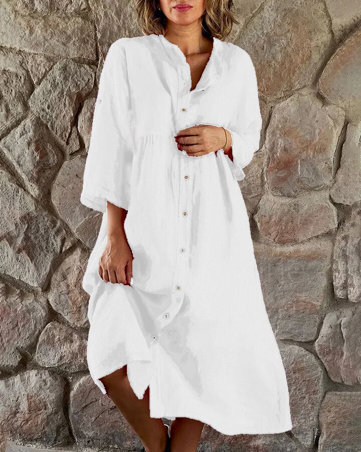 Solid Color Casual Stand Up Collar Button Up Long Dress