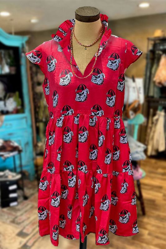 V-neck Ruffles Pleated Bulldog Print Dress