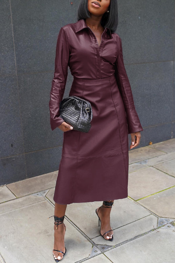 On-trend PU Button Up Shirt & A-line Skirt Set