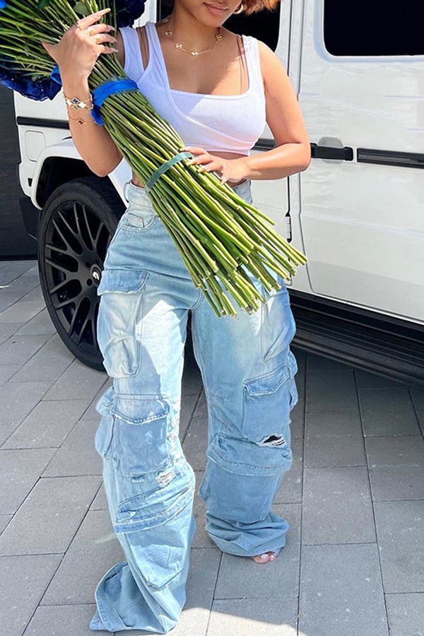 Trendy Light Blue Multi-Pocket Cargo Jeans