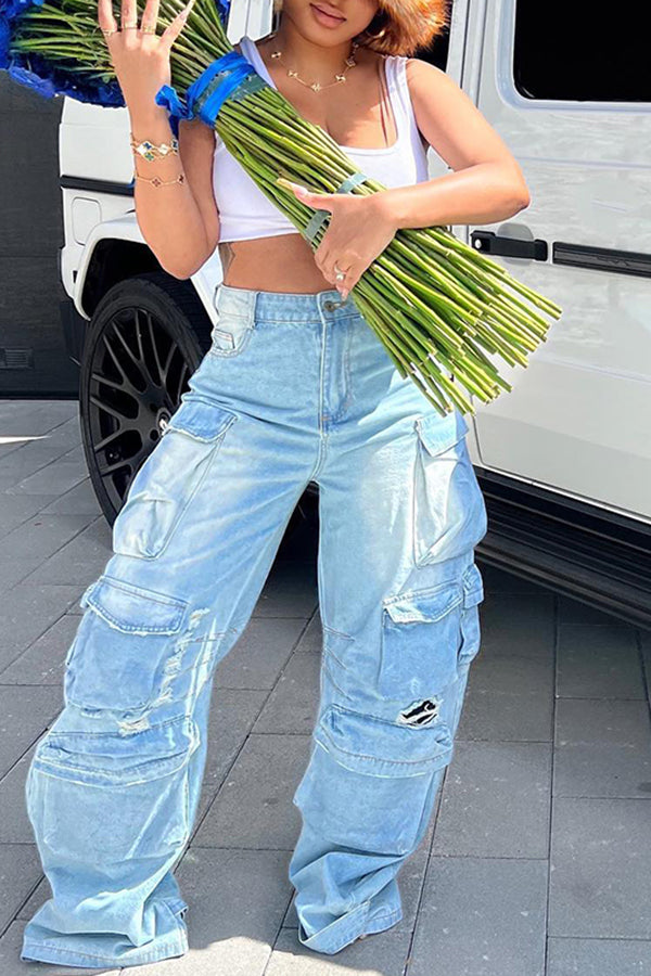 Trendy Light Blue Multi-Pocket Cargo Jeans