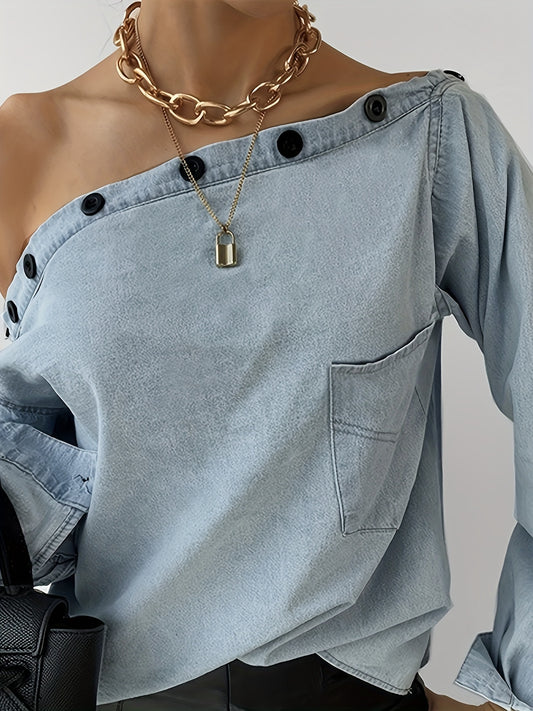 Button Off Shoulder Chic Denim Blouse