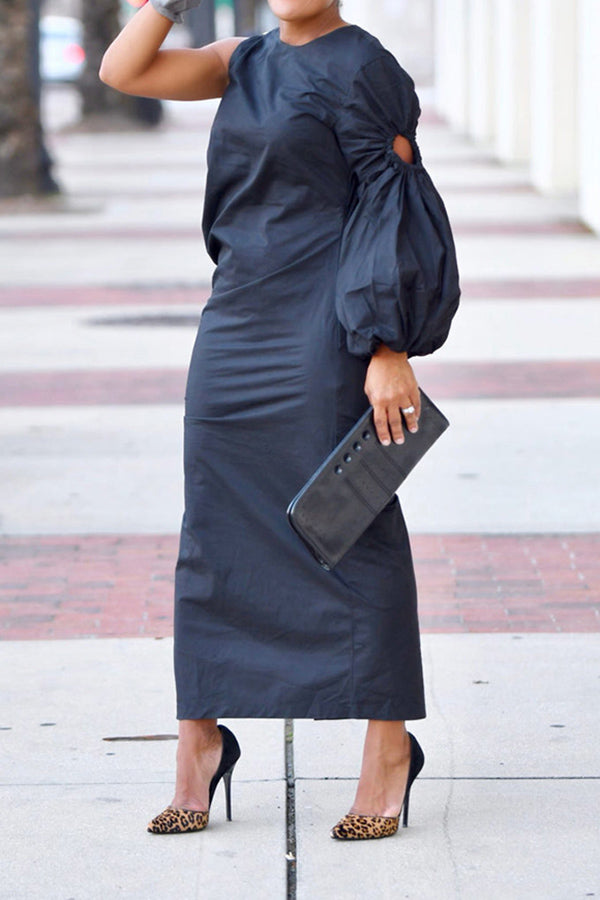 Drawstring Slit Lantern Sleeve Midi Dress