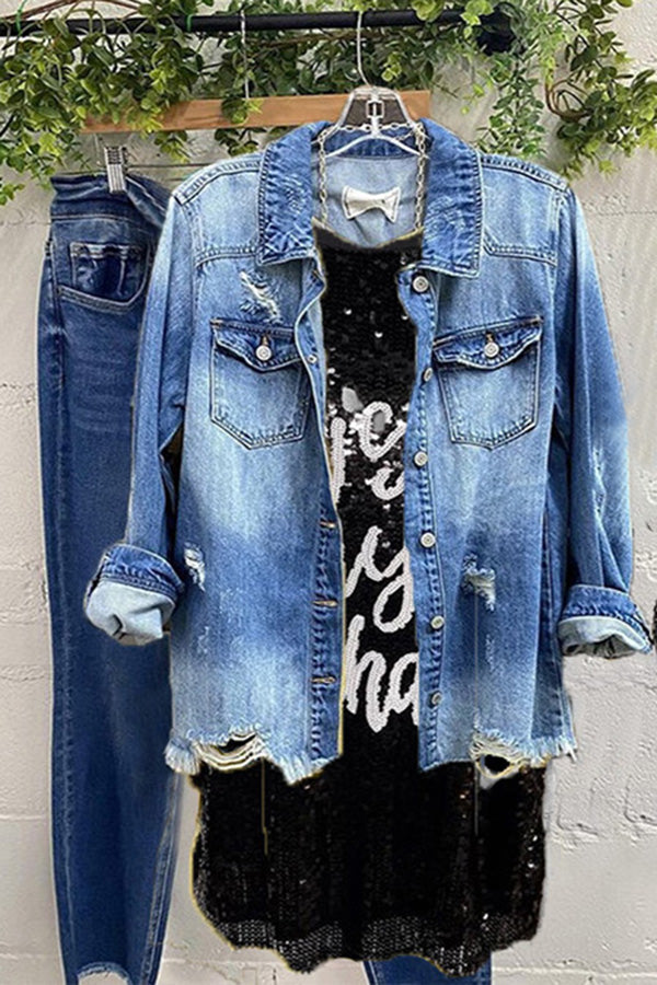 Ripped Holes Frayed Hem Denim Jacket