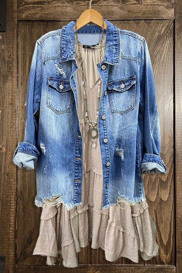 Ripped Holes Frayed Hem Denim Jacket