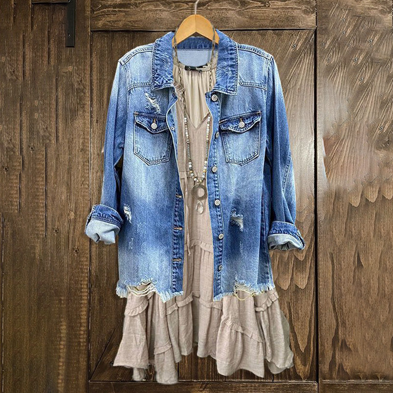 Ripped Holes Frayed Hem Denim Jacket