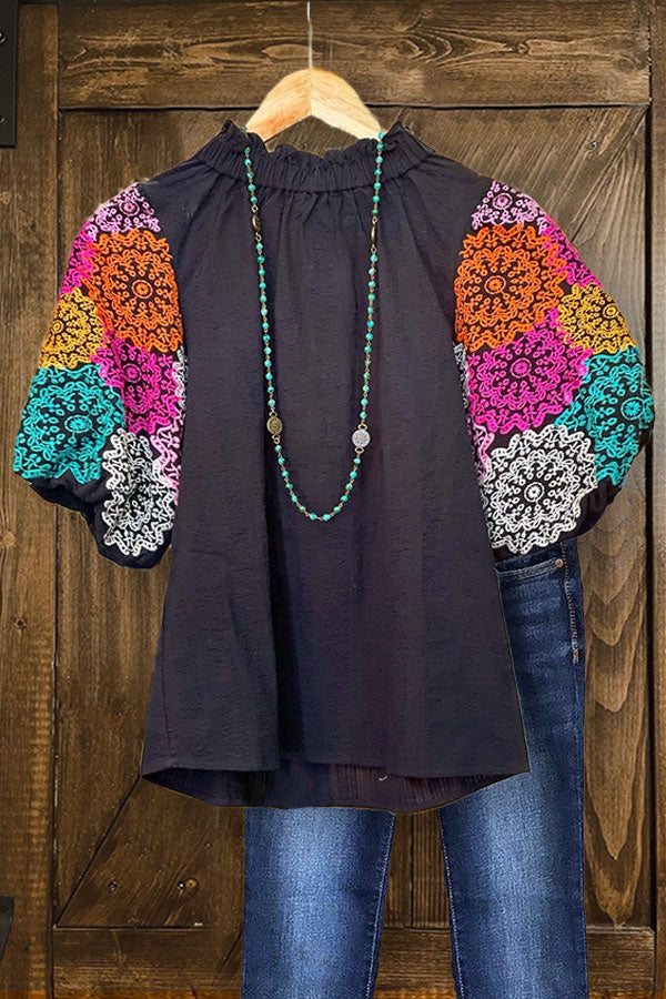 Floral Printed Cotton Puff Sleeves Casual Top