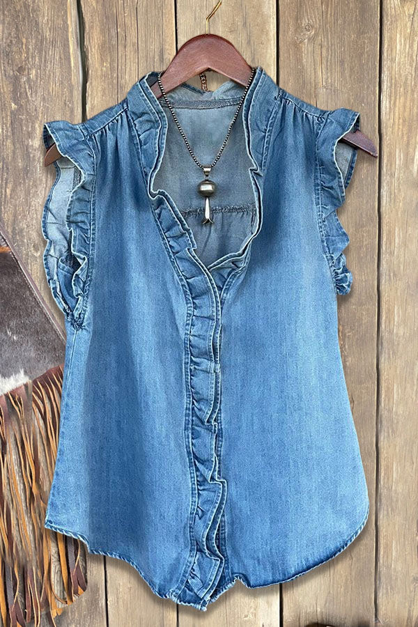 Casual Ruffled Denim Tank