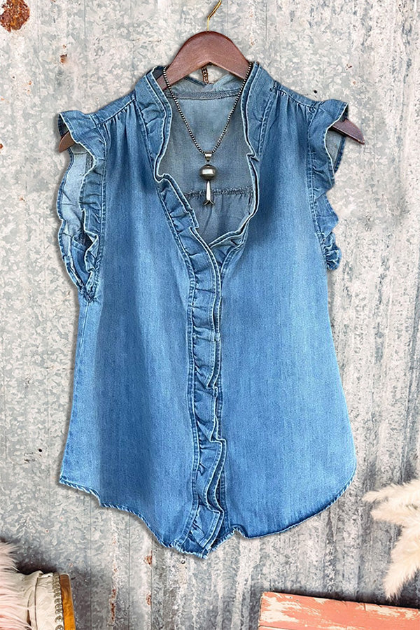 Casual Ruffled Denim Tank