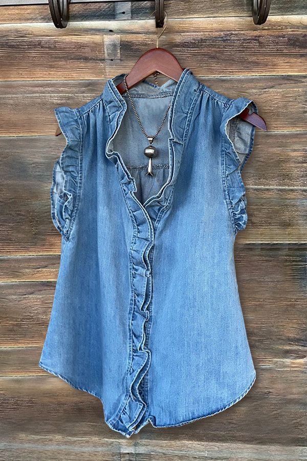 Casual Ruffled Denim Tank