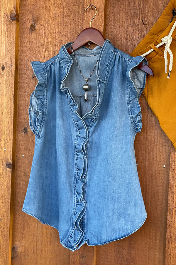 Casual Ruffled Denim Tank