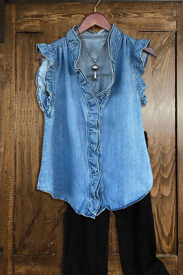 Casual Ruffled Denim Tank