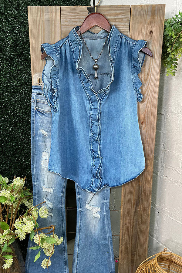 Casual Ruffled Denim Tank