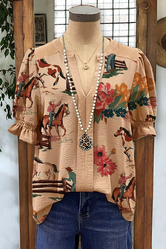 Floral Mix Donkey Print Paneled V-neck Top