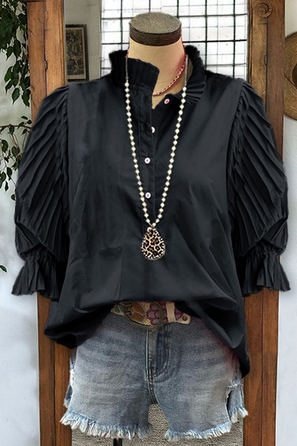 Cotton Pleated Sleeves Paneled Casual Blouse