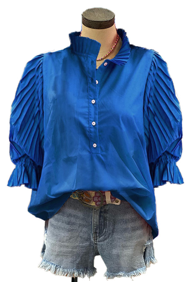 Cotton Pleated Sleeves Paneled Casual Blouse