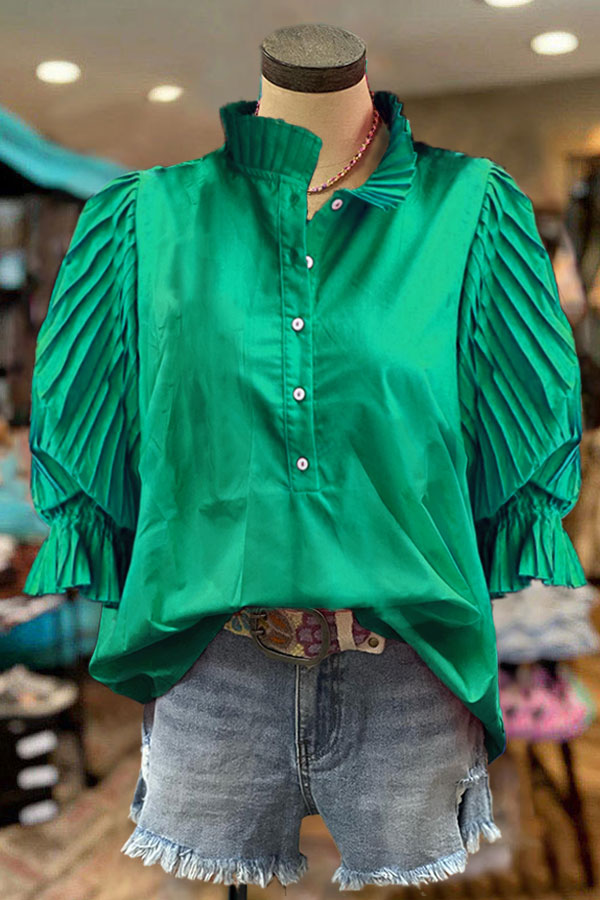 Cotton Pleated Sleeves Paneled Casual Blouse