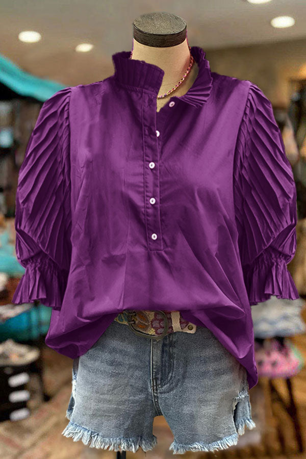 Cotton Pleated Sleeves Paneled Casual Blouse