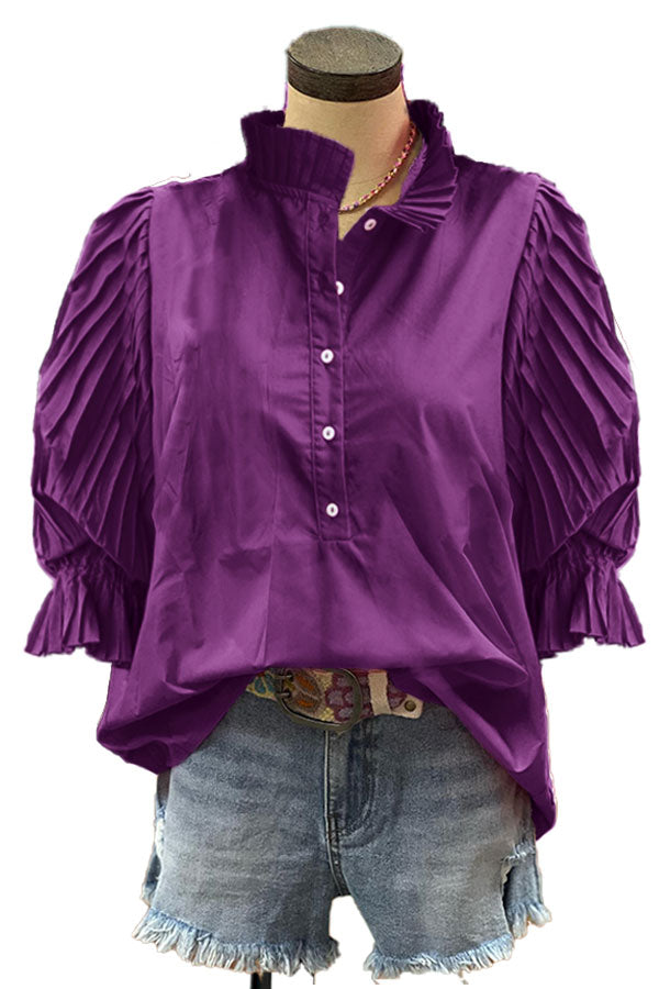 Cotton Pleated Sleeves Paneled Casual Blouse