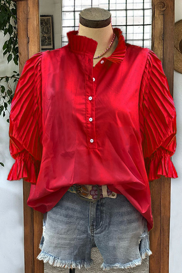 Cotton Pleated Sleeves Paneled Casual Blouse