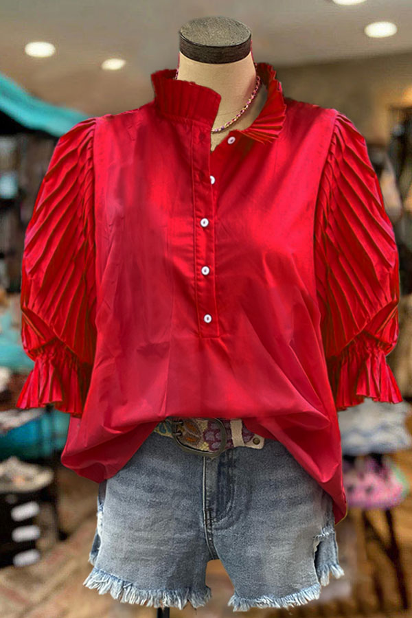 Cotton Pleated Sleeves Paneled Casual Blouse