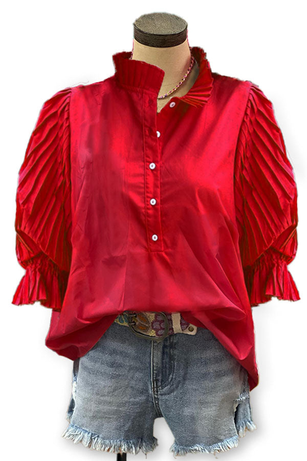 Cotton Pleated Sleeves Paneled Casual Blouse