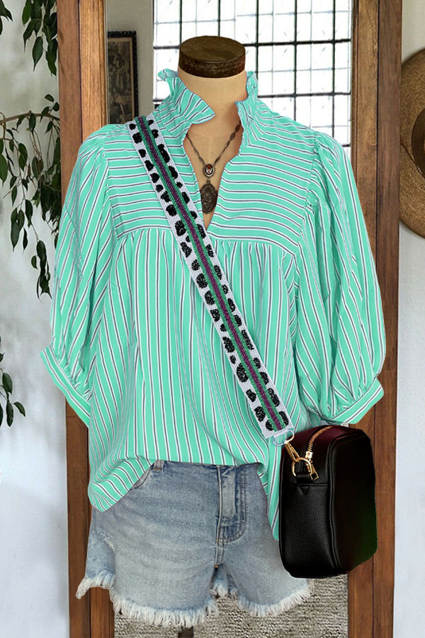 Casual Ruffle Striped Print Blouse