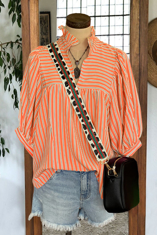 Casual Ruffle Striped Print Blouse