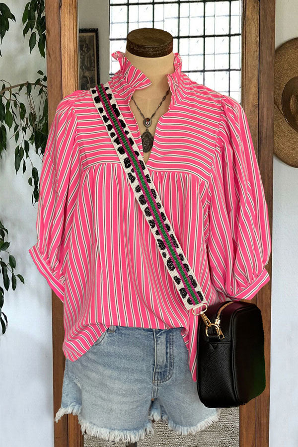 Casual Ruffle Striped Print Blouse