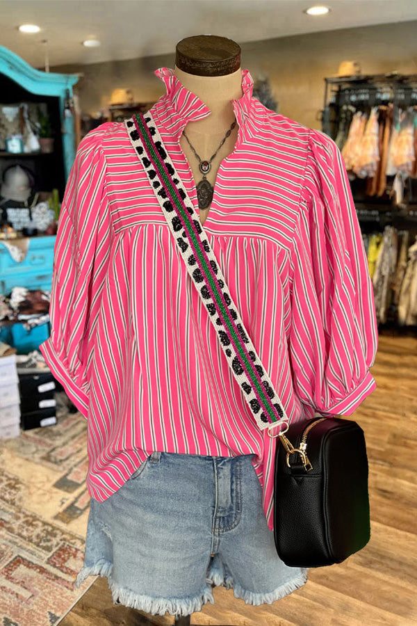 Casual Ruffle Striped Print Blouse