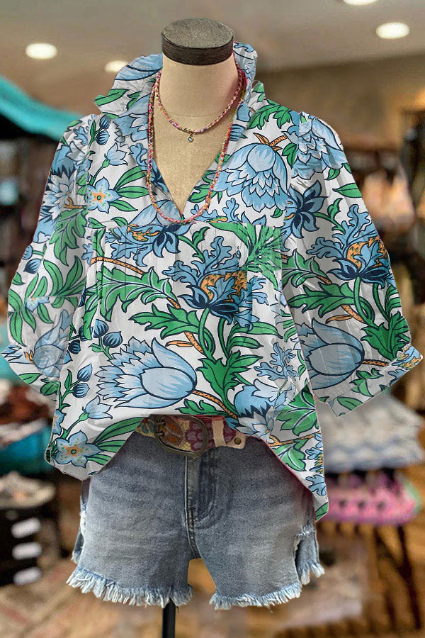 Beautiful Floral Print Pleated Ruffle V-neck Blouse