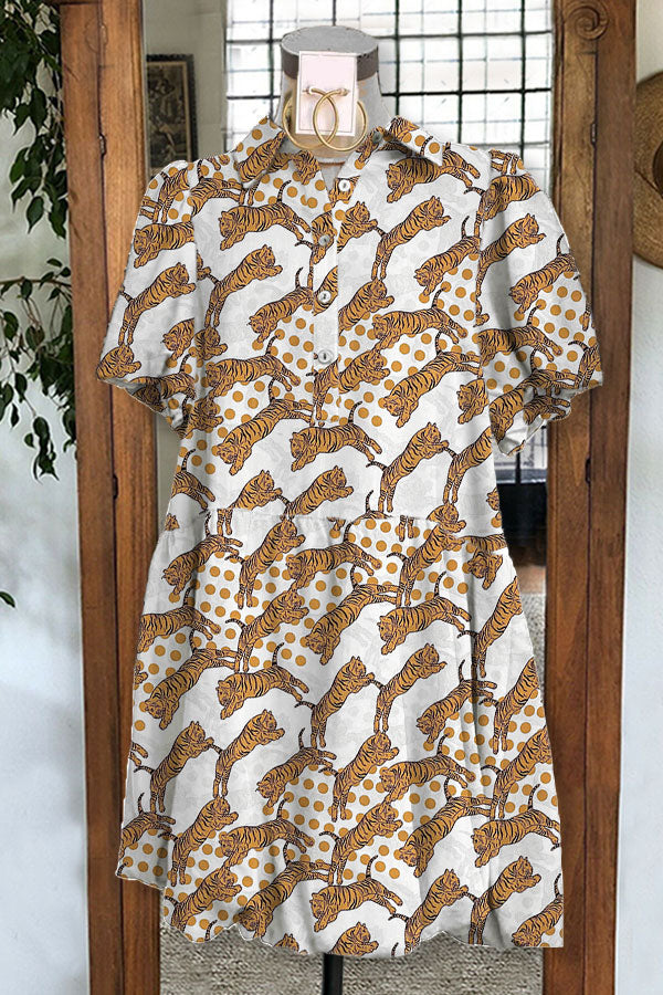 Polka Dot Tiger Print Pleated Dress