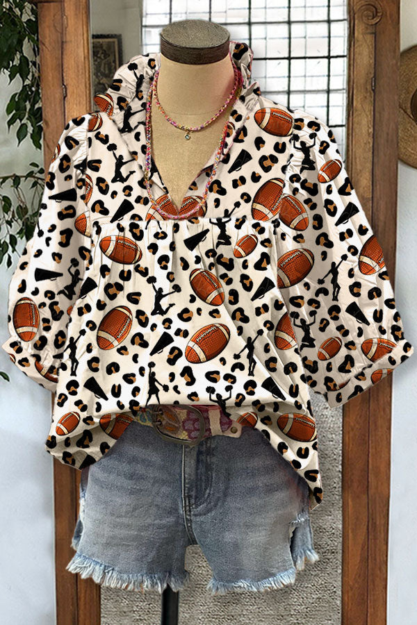 Football Mixed Leopard Print V-neck Pleated Top