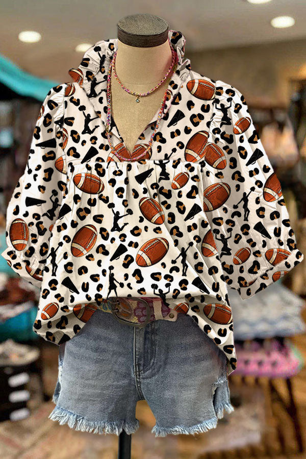 Football Mixed Leopard Print V-neck Pleated Top