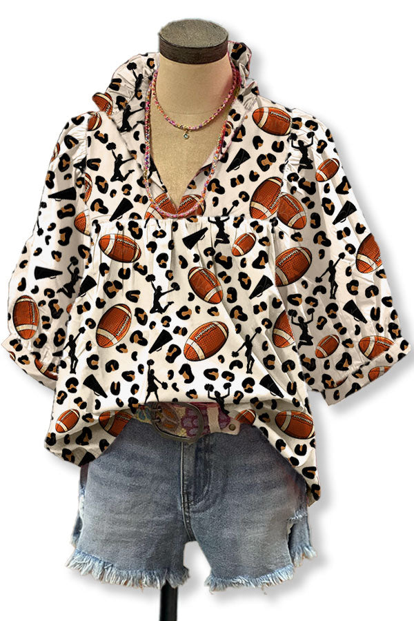 Football Mixed Leopard Print V-neck Pleated Top