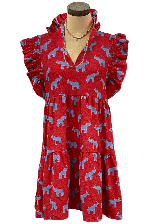 Elephant Mix Graphic Print V-neck Pleated Ruffle Dress