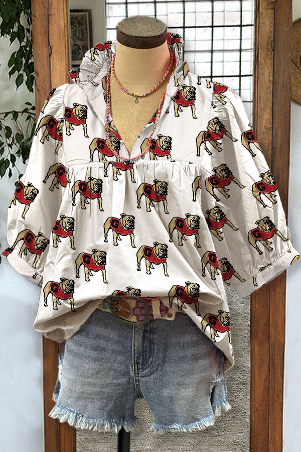 Classic Bulldog Print Pleated V-neck Top