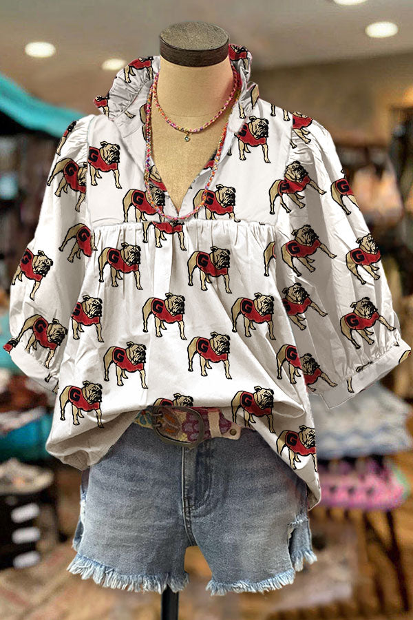 Classic Bulldog Print Pleated V-neck Top