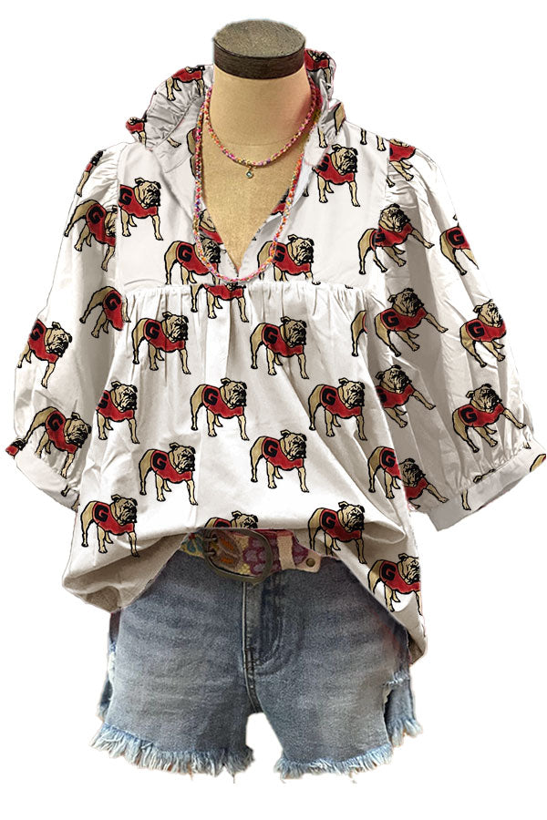 Classic Bulldog Print Pleated V-neck Top